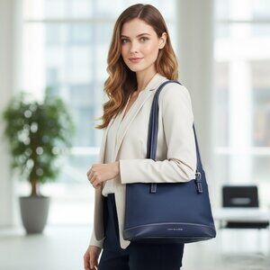 Tommy Hilfiger Navy Blue Tote Shoulder Bag Purse Faux Leather Nylon Pockets